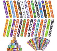 RICEDUO Halloween Slap Bracelet for Kids - 48 Pieces, 24 Colorful Styles, Bulk Halloween Slap Wristbands for Kids Party Favors, Toys Prizes & Goodie Bags Fillers