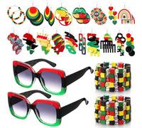 Riceshoot 22 Pcs Juneteenth Jewelry Set for Women African Jamaican Sunglasses Rasta Reggae Earrings Black History Month Wood Bracelet Accessories for Costume Party, Wood, no gem