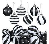 Riceshoot 24 Pcs Black and White Ball 2.36 Inch Stripe Dot Hanging Christmas Ornaments - Plastic Xmas Decorations for Home, Holiday Party, Trees Accessories