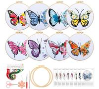 Riceshoot 8 Set Butterfly Floral Embroidery Kit for Beginner Adults Butterfly Embroidery Cross Stitch DIY Craft Needlepoint Pack Kits with Pattern Instruction Cloth Hoops Thread Needle Scissors
