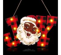 Riceshoot Black African American Santa Christmas Joy Wood Sign with LED Lights 13.8 x 8.3 Inch Vintage Red Buffalo Plaid Joy Letter Sign Xmas Wooden Hanging Sign for Holiday Indoor Outdoor Decor