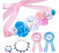 Riceshoot Boy or Girl Maternity Flower Sash and Corsage Set Gender Reveal Decorations Mom to Be Dad to Be Pin with Headband Wristband for Baby Shower Gender Reveal Party Pregnancy Props Keepsake Gifts