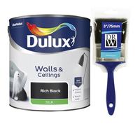 Rich Black Walls & Ceilings Silk Emulsion Paint 2.5L + 3" Emulsion Paint Brush - Smooth Washable Silk Finish, Quick Dry, Low-VOC, Easy Application for Interior Walls & Ceilings