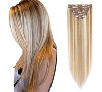 Rich Choices Clip in Hair Extensions Real Human Hair Blonde 14 Inch Remy Hair Extensions Clip in, 8PCS 55g Invisible Thin Weft #12/613 Golden Brown mix Bleach Blonde