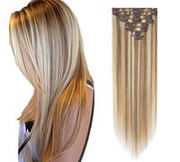 Rich Choices Clip in Hair Extensions Real Human Hair Golden Brown mix Bleach Blonde 18 Inch Remy Hair Extensions Clip in, 8PCS 70g Thin Weft