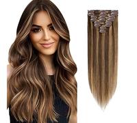 Rich Choices Hair Extensions Clip in Real Human Hair Brown mix Blonde, 8 Inch Remy Extensions Clip in 8PCS Invisible Thin Weft, 45g #4P27 Medium Brown mix Dark Blonde