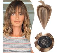 Rich Choices Hair Toppers with Fringe for Thinning Hair Real Human Hair Pieces 14 Inch Medium Brown mix Dark Blonde Clip in Hair Toppers Long Straight Hairpieces Seamless Clip in Hair Extensions