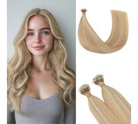 Rich Choices Nano Hair Extensions Real Human Hair 14 Inch Invisible Remy Hair Nano Extensions Ash Brown mix Bleach Blonde Cold Fusions with Nano Tips Ring Beads Straight Real Hair, 35 Strand/Pack