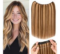 Rich Choices One Piece Hair Extensions Clip in Human Hair Invisible Wire Hair Extensions Straight Remy Hair Halo Extensions 16 Inch - #4/27 Medium Brown mix Dark Blonde