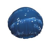 Rich&Rabbit Blue Music Notes Print Shower Cap for Women Elastic Reusable Swim Cap Leakproof Double Layer