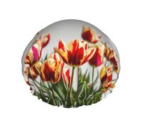 Rich&Rabbit Colorful Tulips Shower Cap for Women Stretchy Reusable Leakproof Double Layer Shower Cap Black