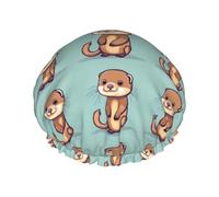 Rich&Rabbit Cute Cartoon Otters Print Shower Cap for Women Elastic Reusable Swim Cap Leakproof Double Layer