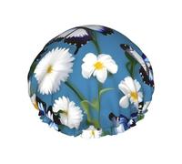Rich&Rabbit Shower Cap Blue Butterfly and White Flower Print Shower Cap for Women Elastic Reusable Swim Cap Leakproof Double Layer