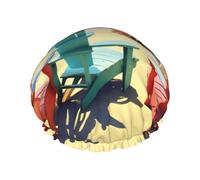 Rich&Rabbit Shower Cap for Women Beach Chairs Scenery Shower Cap Stretch Reusable Leakproof Double Layer Black
