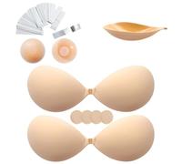 Richaa 2 Pairs Reusable Backless Bra Push up, Invisible Stick on Bra for Backless Dresses, Strapless Bra for Wedding, Party, Swimwear Beige