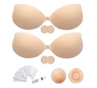 Richaa 2 Pairs Reusable Sticky Bra, Invisible Stick on Bra for Backless Dresses, Strapless Bra for Wedding, Party, Swimwear Beige