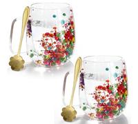 Richaa 2pcs Dried Flowers Double Walled Glass Mug with Handle - 320ml Cappuccino Cup Double Walled Coffee Mug Latte Glass Coffee Mug Coffee Glass Gifts for Women(with Spoon)