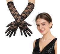 Richaa Black Fascinator Lace Veil Headband, Mesh Birdcage Veil mit Long Lace Mittens Gloves, 1920s Headpiece for Women Vintage Bridal Wedding Tea Party