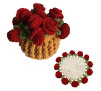 Richaa Crochet Dark Red Rose Flower Bouquet Coaster with Mini Basket, Handmade Knitted Boho Floral Coasters, Romantic Gift for Mother's Day Birthday Home Decor Valentine's Day Anniversary