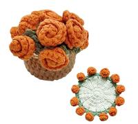 Richaa Crochet Orange Rose Flower Bouquet Coaster with Mini Basket, Handmade Knitted Boho Floral Coasters, Romantic Gift for Mother's Day Birthday Home Decor Valentine's Day Anniversary