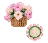 Richaa Crochet Pink Lily of the Valley Flower Bouquet Coaster with Mini Basket, Handmade Knitted Boho Floral Coasters, Romantic Gift for Mother's Day Birthday Home Decor Valentine's Day Anniversary