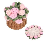 Richaa Crochet Pink Rose Flower Bouquet Coaster with Mini Basket, Handmade Knitted Boho Floral Coasters, Romantic Gift for Mother's Day Birthday Home Decor Valentine's Day Anniversary