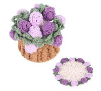 Richaa Crochet Purple Rose Flower Bouquet Coaster with Mini Basket, Handmade Knitted Boho Floral Coasters, Romantic Gift for Mother's Day Birthday Home Decor Valentine's Day Anniversary