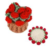 Richaa Crochet Red Rose Flower Bouquet Coaster with Mini Basket, Handmade Knitted Boho Floral Coasters, Romantic Gift for Mother's Day Birthday Home Decor Valentine's Day Anniversary