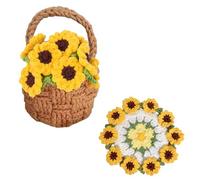 Richaa Crochet Yellow Sunflowers Flower Bouquet Coaster & Mini Basket with handle, Handmade Knitted Boho Floral Coasters, Romantic Gift for Mother's Day Birthday Home Decor Valentine's Day Anniversary