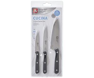 Richardson Sheffield Cucina 3-Piece Knife Starter Set - Black Handles, Stainless Steel Blades - Paring, All-Purpose & Cook’s Knife - Essential Kitchen Cutlery Set