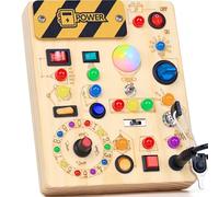 RichBoy Busy Board for 1-3 Year Old, 37 in 1 LED Light Up Wooden Sensory Montessori Switch Board Toy for Toddlers Travel Gift (6.7" x 5.3")