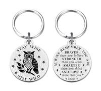 Richesele Owl Keyring Gift for Women Men - Inspirational Double-Sided Owl Keychain - Stay Wise Stay Wild Motivational Owls Charm Gifts for for Friend/Teacher/Student