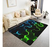 richhome 3D Abstract Hexagon Area Rug 5'x7' Blue Green Neon Light Geometric Plaid Rug for Teens Adults Black Honeycomb Modern Simple Style Non Slip Carpet for Living Room Office