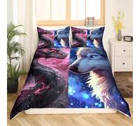 richhome 3D Dragon Wolf Duvet Cover King Size Red Blue Starry Sky Splice Bedding Set 3pcs Western Dragon Comforter Cover for Kids Teens Bedroom Decor Wild Animal Wolf Quilt Cover,2 Pillowcases