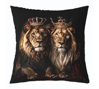 richhome 3D Lion Printed Throw Pillow Cover 24x24 Inch Brown Abstract Jungle Wildlife Cushion Cover for Kids Teens Adults Red Golden Crown Animals Decor Cushion Case for Couch Bedroom