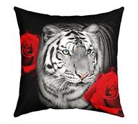 richhome 3D White Tiger Pillow Cover 16x16 Inch,Red Rose Floral Cushion Case for Bedroom Car Wild Animal Big Cat Square Pillow Case for Sofa Couch Double Sides Print
