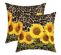 richhome 3D Yellow Sunflower Set of 2 Pillow Cover 16x16 Inch Brown Leopard Print Cushion Case for Office Bedroom Africa Wild Animal Skin Square Pillow Case for Sofa Couch