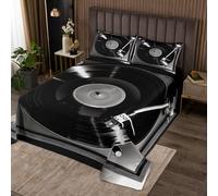richhome 83s Retro Vinyl Record Coverlet Set for Girls Boys Kids Single Size Record Player Quilted Coverlet Room Decor Music Notes Vintage Music Player Bedspread