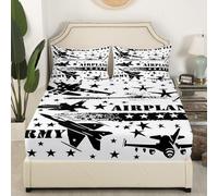 richhome Aircraft Fighter Fitted Sheet Double Size Kids Airplane Flying Bed Sheets Set for Boys Girls Teens Military Army Pilot Bedding Set Breathable White Black Bedroom Decor