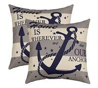 richhome Anchor Pattern Pillow Cover Ocean Theme Nautical Style Square Throw Pillow Cover for Bedroom Sealife Plaid Stripes Accent Decorative Cushion Cover for Kids Boys Girls,Navy Blue Grey,16"x16"