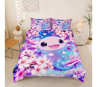 richhome Axolotl Print Single Duvet Cover Sweet Children Axolotl Comeforter Cover Beautiful Cherry Blossom Bedding Set Pink Purple With 1 Pillow Cover