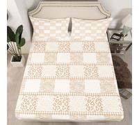 richhome Beige Leopard Zebra Print Fitted Sheet with 2 Pillowcases Double Size Patchwork Animal Print Bed Sheets Set 16" Deep Pocket Boys Girls Cheetah Leopard Bedding Teens Bedroom Decor Soft