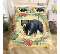 richhome Black Bear Duvet Cover Single Size Boys Girls Rustic Cabin Country Bedding Set Breathable Soft Rustic Wooden Plank Comforter Cover 2Pcs Wild Animal Bedroom Decor