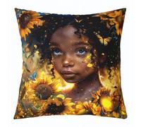 richhome Black Girl Throw Pillow Covers Set of 1 40x40cm Kids Sunflower Reversible Cushion Case Boys Girls Teens Floral Print Pillowcases for Sofa Couch Bed Yellow Flowers Pattern,Indoor Outdoor