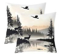richhome Black White Lake Throw Pillow Covers Set of 4 45x45cm Rustic Deer Woodland Tree Reversible Cushion Case Boys Girls Smoky Mountain Animals Pillowcases for Sofa Couch Bed Natural Scenery