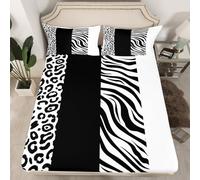 richhome Black White Leopard Fitted Sheet Double Size for Kid Boy Girl Zebra Bed Sheets Set 16" Deep Pocket Soft Breathable Microfiber Animal Print Bedding with 2 Pillowcases Simple Modern Room Decor