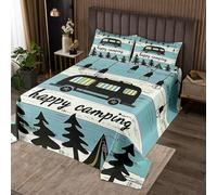 richhome Blue Camper Bedspread Single Size Happy Camping Coverlet Set for Kids RV Camping Car Accessories for Travel Tree Vintage Quilted Coverlet Women Men Teens Decor All Season