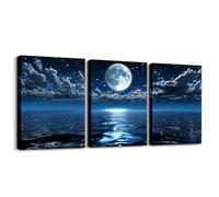 richhome Blue Moon Print Bathroom Wall Art for Home Decor Ocean Canvas Wall Art for Living Room Sea Office Wall Decorations Artwork Posters 40x30cm 3 Piece Galaxy Wall Painting