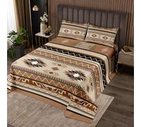richhome Boho Bedspread Double Size Kids Southwestern Native Aztec Quilted Coverlet for Boys Girls Teens Southwest Native American Design Coverlet Set Khaki