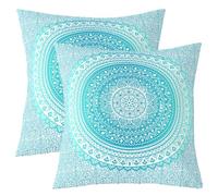 richhome Boho Mandala Throw Pillow Covers Watercolor Teal Gradient Exotic Flowers Cushion Covers for Kids Teens Adults Women Blooming Plants Bohemian Style Pillow Cases for Sofa 24x24 Inch Set of 2